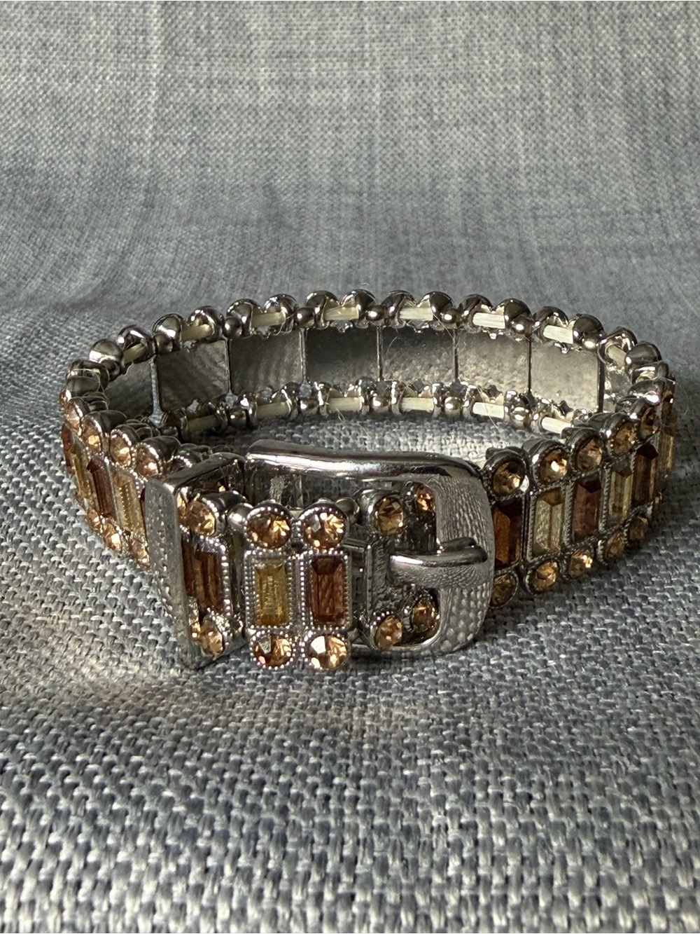 Watch Band Style Buckle Stretch Bracelet Silver Tone Champagne Amber Rhinestones